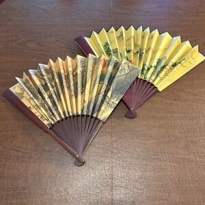Vintage Asian Chinese Wooden Paper Folding Hand Fans Lot of 2